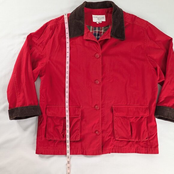 VTG Red Brown Corduroy Collar Cuff Sleeve Pocket Button Up Barn Coat Plaid Lined - Picture 5 of 8